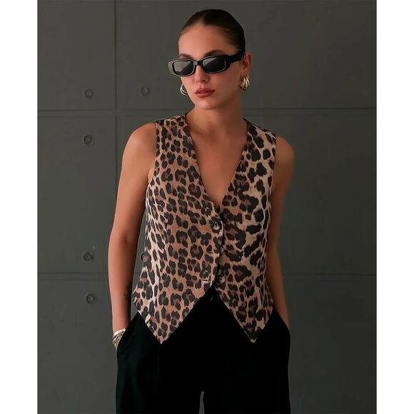 Leopard Print Vest Waist Length Notched VNeck NEW NWT Brown Black 3 Button Lined - Picture 1 of 10